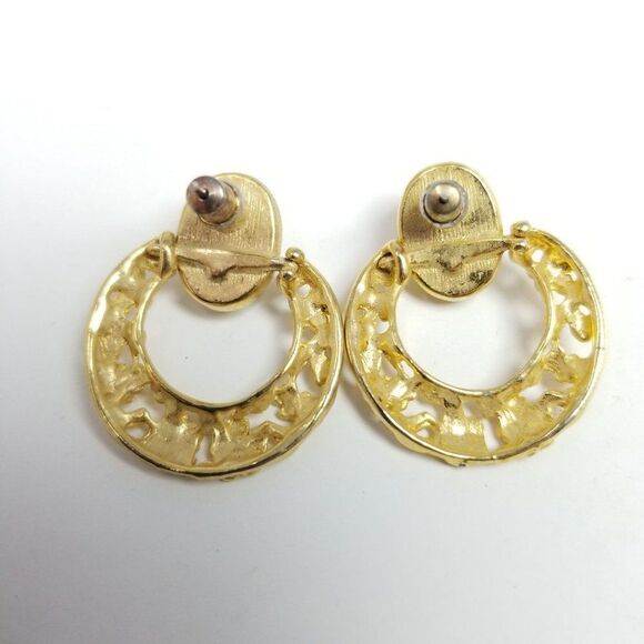 Vintage Gold Tone and Faux Pearl Door Knocker Style Stud Earrings, Retro 80s - Picture 3 of 6